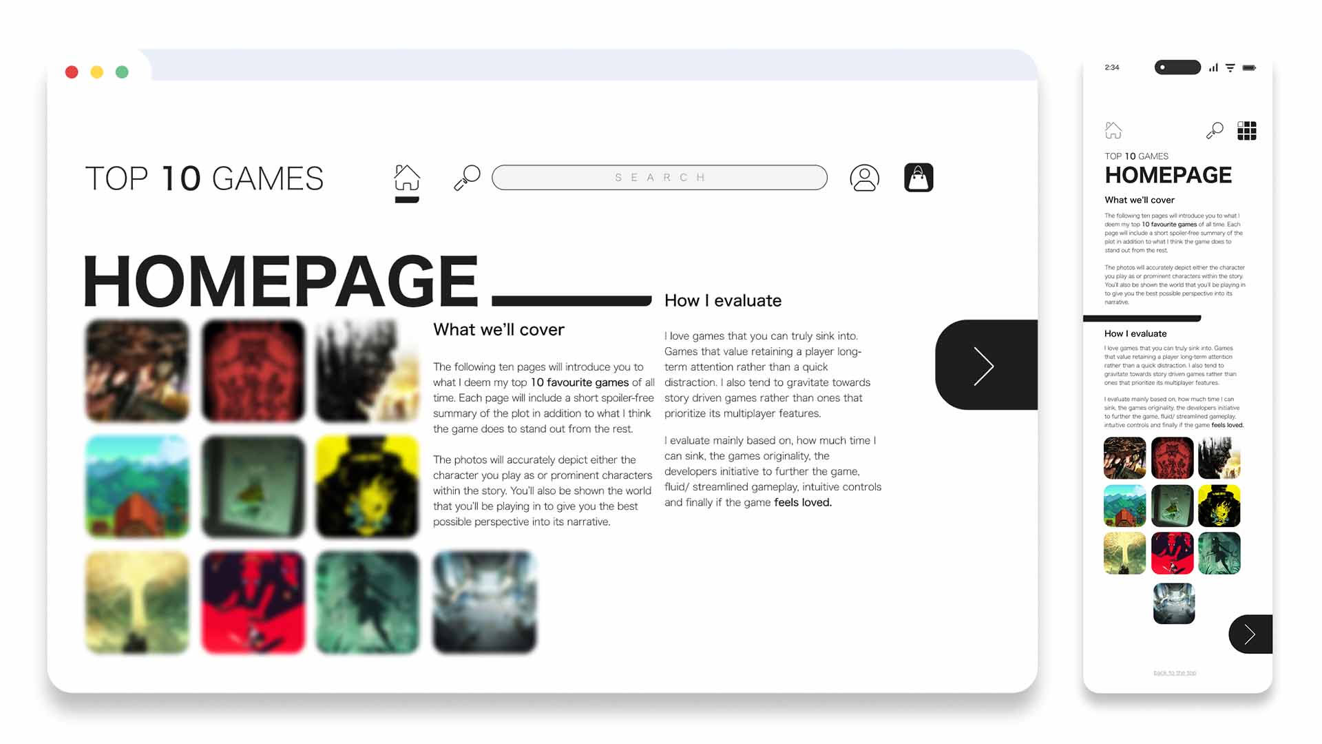 Homepage for the Topten website. Describing what each page will cover and how I evaluate each descision
